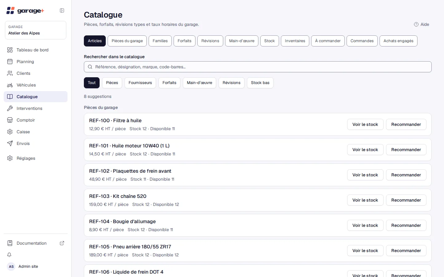 Le catalogue de Garage+ : pièces et niveaux de stock.